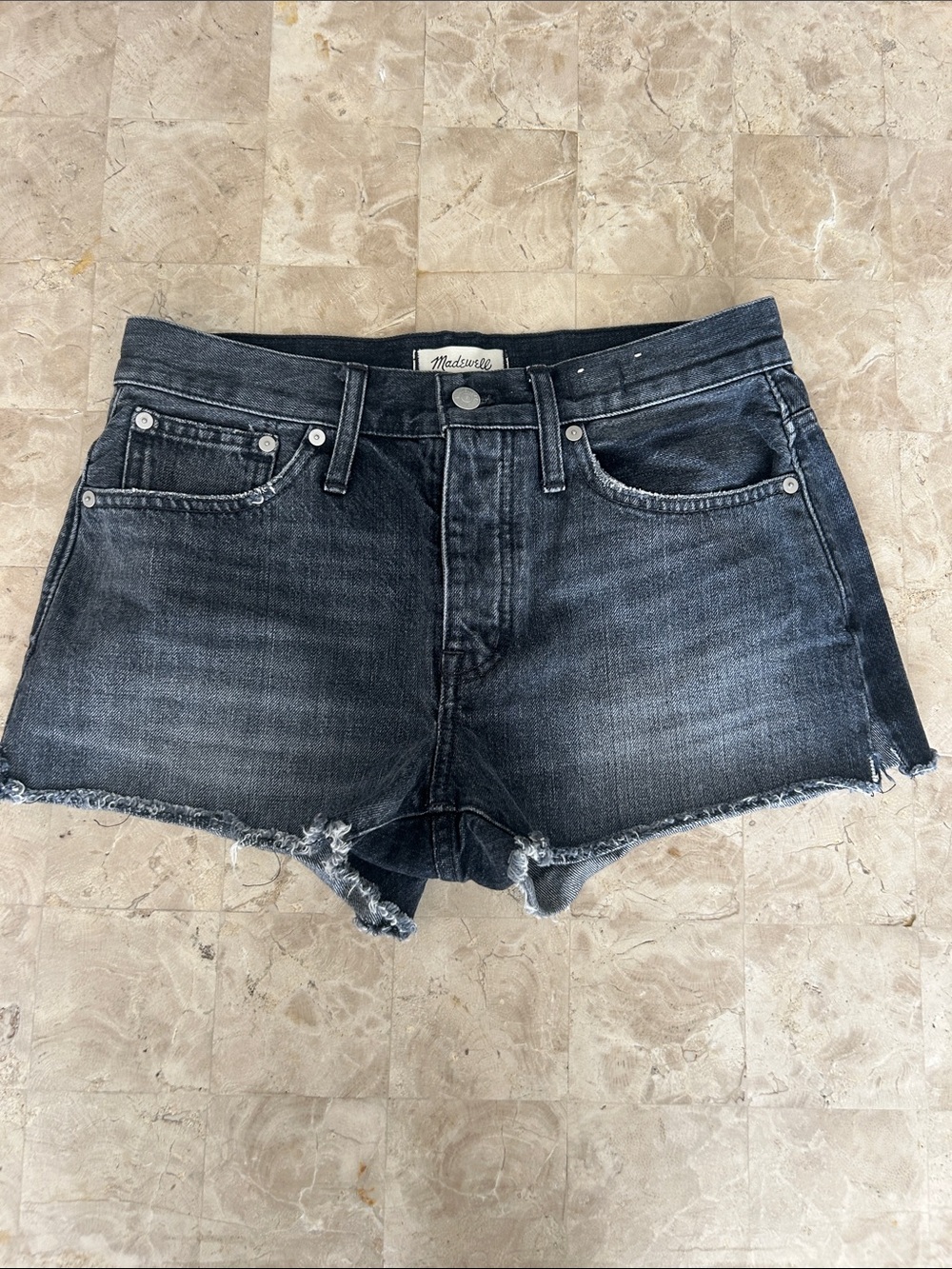 Madewell Relaxed Denim Shorts faded black wash ,raw hem, button fly Size 26